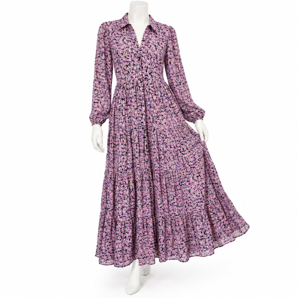 Zara Long Sleeve Floral Prairie Maxi Dress Women's XS Button Front Cottage Boho